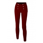 Lovely Fashion Buttons Wine Red Knitting Skinny Pa