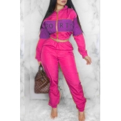 Lovely Trendy Patchwork Rose Red Two-piece Pants S