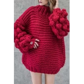 Lovely Casual Puff Sleeves Wine Red Cotton Sweater