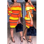 Lovely Sweet Flare Sleeves Striped Orange Knee Len