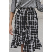 Lovely Casual Buttons Black and White Plaids Skirt