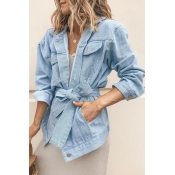 Lovely Stylish Lace-up Baby Blue Cotton Coat