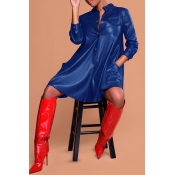 Lovely Fashion Long Sleeves Blue PU Knee Length Dr