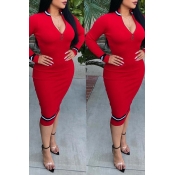 Lovely Casual Patchwork Slim Red Twilled Satin Mid