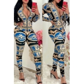 Lovely Sexy Printed Blue One-piece Jumpsuit