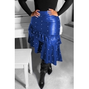 Lovely Sweet Flounce Design Blue PU Skirts