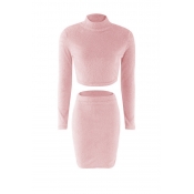Lovely Casual Slim Pink Knitting Two-piece Skirt S