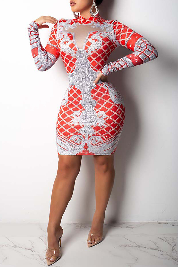 Lovely Casual Printed Slim Red Blending Knee Length Dress