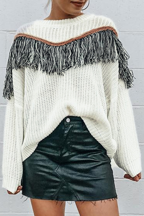 Lovely Casual Tassel Design White Sweaters