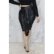 Lovely Casual Patchwork Black PU Knee Length Skirt