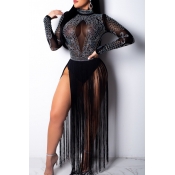 Lovely Chic Tassel Design Black Knitting Floor Len