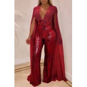 Lovely Trendy Sequined Red Blending One-piece Jump