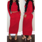 Lovely Casual Long Sleeves Red Cotton Two-piece Sk