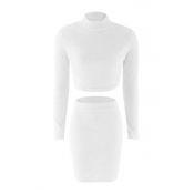 Lovely Casual Skinny White Two-piece Skirt Set