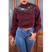 Lovely Casual Patchwork Wine Red Knitting Hoodies