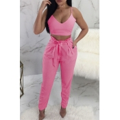 Lovely Chic Lace-up Pink Two-piece Pants Set