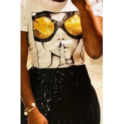 Lovely Chic Sequined Decorative White Blending T-s