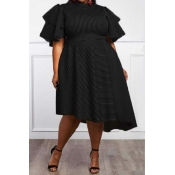 Lovely Casual Flounce Design Loose Black Knee Leng