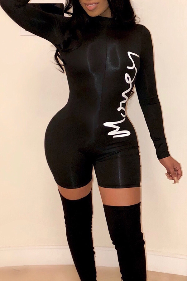 Lovely Trendy Printed Skinny Black One-piece Romper
