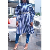 Lovely Casual Striped Blue Knee Length Dress(Witho