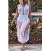 Lovely Sexy Patchwork White Gauze One-piece Jumpsu