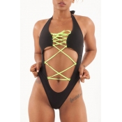 Lovely Trendy Hollowed-out Black One-piece Swimwea