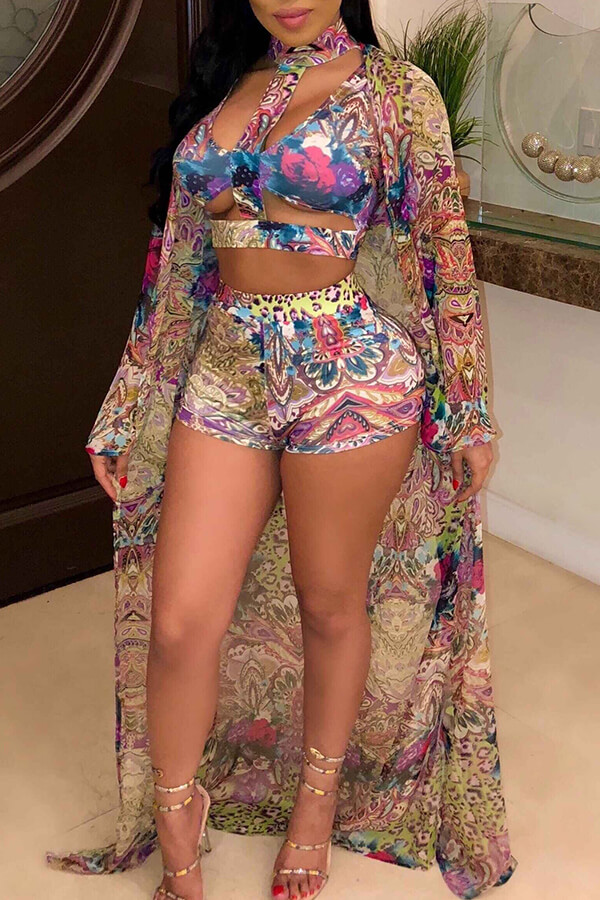 LW Floral Print Cut Out Three-piece Swimsuit