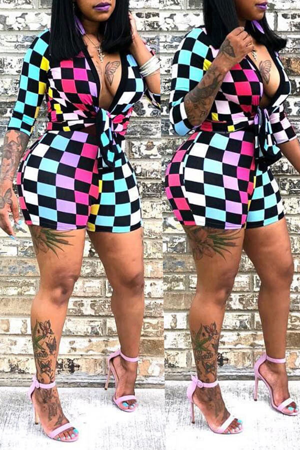 Lovely Sexy Deep V Neck Grid Printed Skinny Romper(With Elastic) Sale