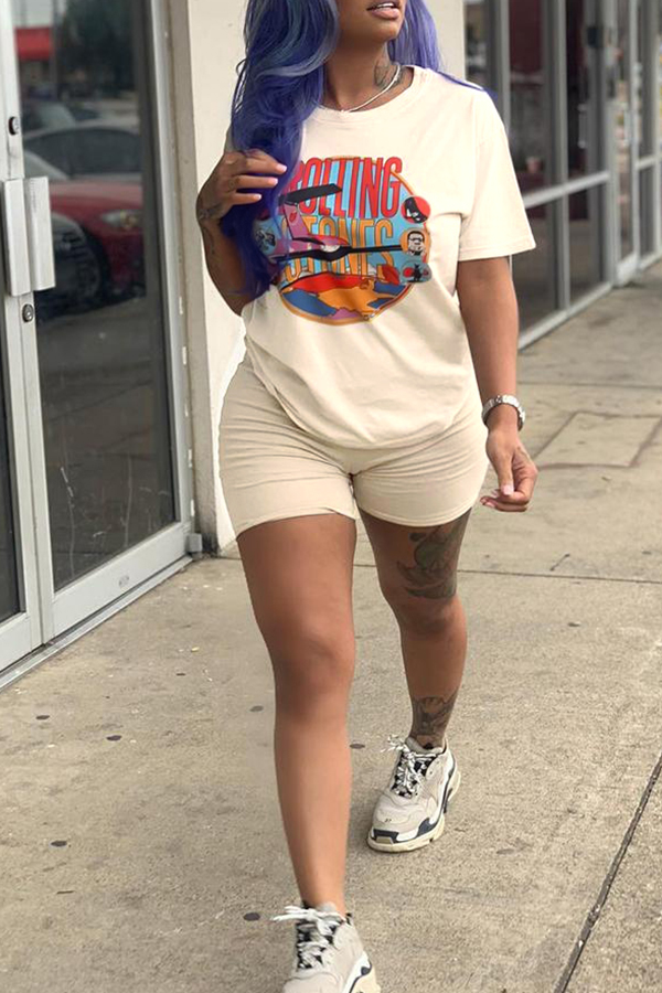 LW Casual Printed Patchwork Khaki Two-piece Shorts Set