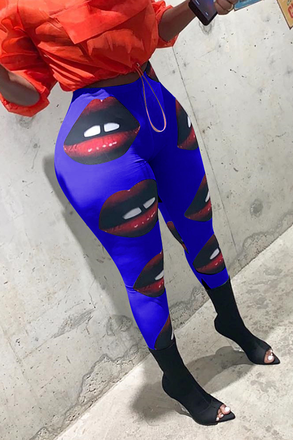Lovely Trendy Lip Printed Skinny Royal Blue Knitting Pants