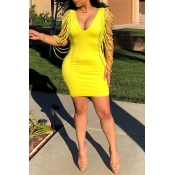 Lovely Sexy Hollowed-out Yellow Sheath Mini Dress