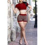 Lovely Casual Printed Wine Red Knitting Two-piece 