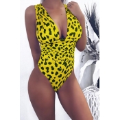 Lovely Trendy Leopard Printed Yellow One-piece Swi