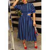 Lovely Trendy Hollowed-out Blue Mid Calf Dress