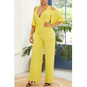 Lovely Casual Dew Shoulder Yellow One-piece Jumpsu