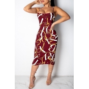 Lovely Temperament Spaghetti Strap Printed Wine Re