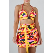 Lovely Sweet Camouflage Printed Red Two-piece Skir