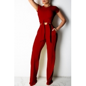 Lovely Trendy Knot Design Wine Red Two-piece Pants