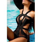 Lovely Sexy Hollowed-out Black Gauze One-piece Swi