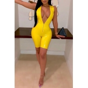 Lovely Sexy V Neck Yellow PU One-piece Romper