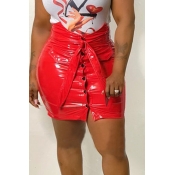 Lovely Casual Buttons Red PU Mini Skirts