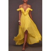 Lovely Sweet Flounce Design Yellow Ankle Length Dr
