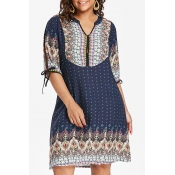 Lovely Plus-size Dots Printed Loose Dark Blue Mini