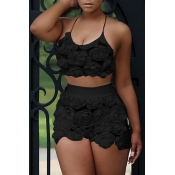 Lovely Sweet Floral Black Lace Two-piece Shorts Se
