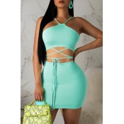 Lovely Casual Lace-up Blue Two-piece Skirt Set