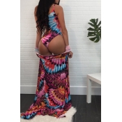 Lovely Trendy Printed Rose Red One-piece Swimwear 