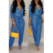 Lovely Casual Lace-up Blue Jumpsuits(With Elastic)