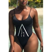 Lovely Casual Black Letter Printed One-piece Swimw