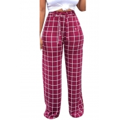 Lovely Wine Red High Waist Plaid Pants(With Elasti