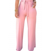 Lovely High Waist Lace-up Pink Pants(With Elastic)